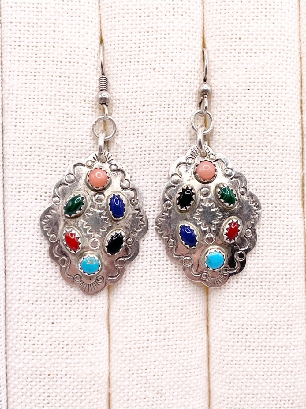 Navajo Sterling Silver Dangle earrings with Multicolor stones